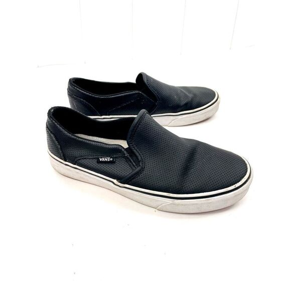 Vans Unisex Slip On Sneakers Black Leather Low Top Perforated Mens 6.5 Womens 8 - Picture 1 of 9